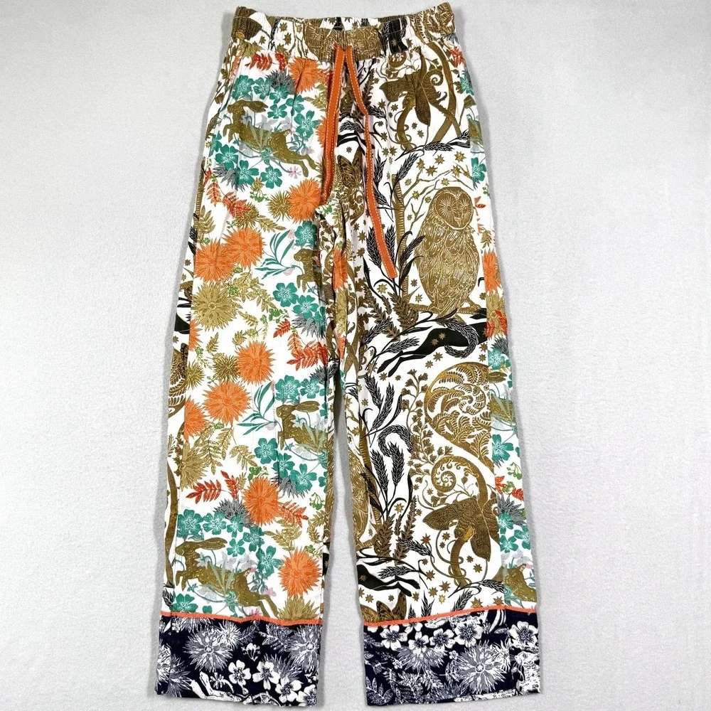 Anthropologie‎ Cally Conway Pajama Pants XXS Flora Fauna Nature Linocut Print